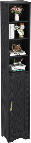 VECELO Narrow Tall Cabinet with Closed Door, 6 Adjustable Movable Shelves, Wood Space Saving Corner Storage Unit, Sleek Black