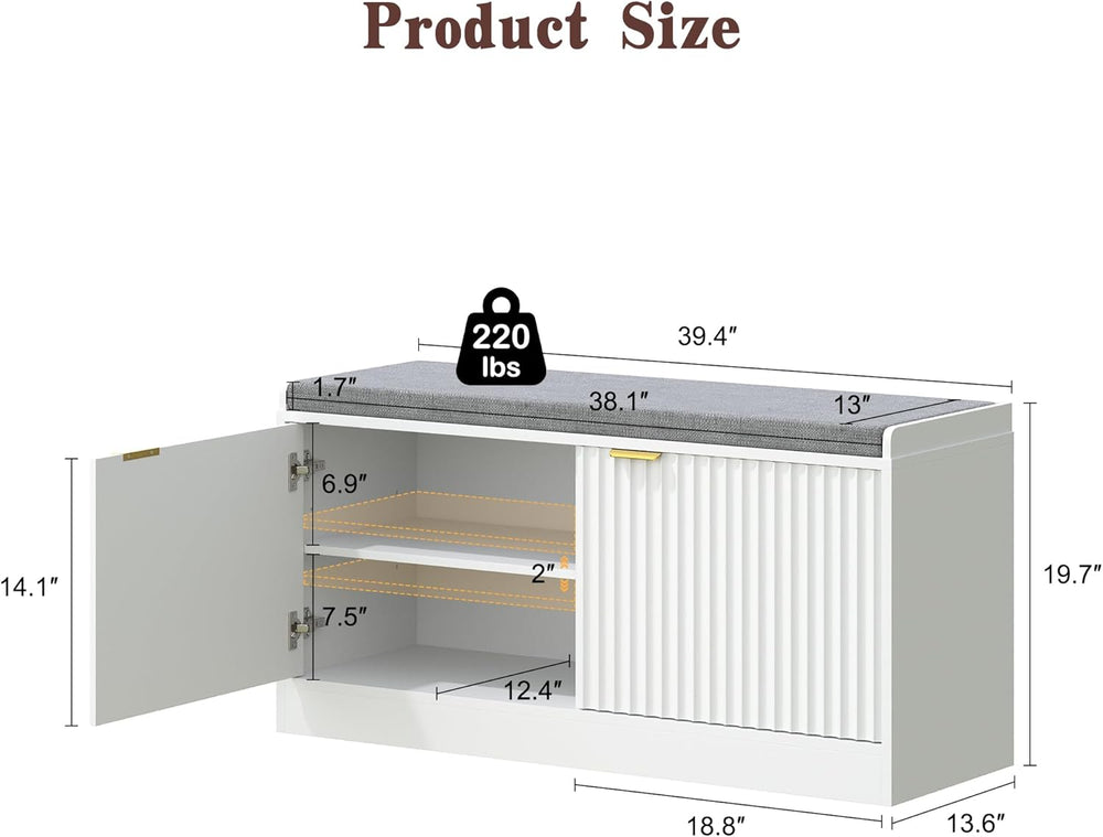 Fluted Shoe Storage Bench with Cushion, 2-Tier Entryway Shoe Bench with Adjus...