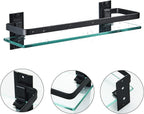 AIJALY 3 Pack Bathroom Glass Shelf,Aluminum Tempered Glass 0.34in Extra Thick Rectangular 1 Tier Storage Organizer Wall Mount,Black 15.7in
