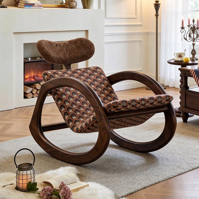Brown Wood Rocking Chair with Upholstered Seat and Curved Arms