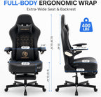 Ergonomic Gaming Chair for Adults - Big and Tall Desk Chair with Lumbar Support and Mechanical Arm Armrests, Comfortable Gamer Computer Chair, Gaming Chairs with Footrest (Black Leather)