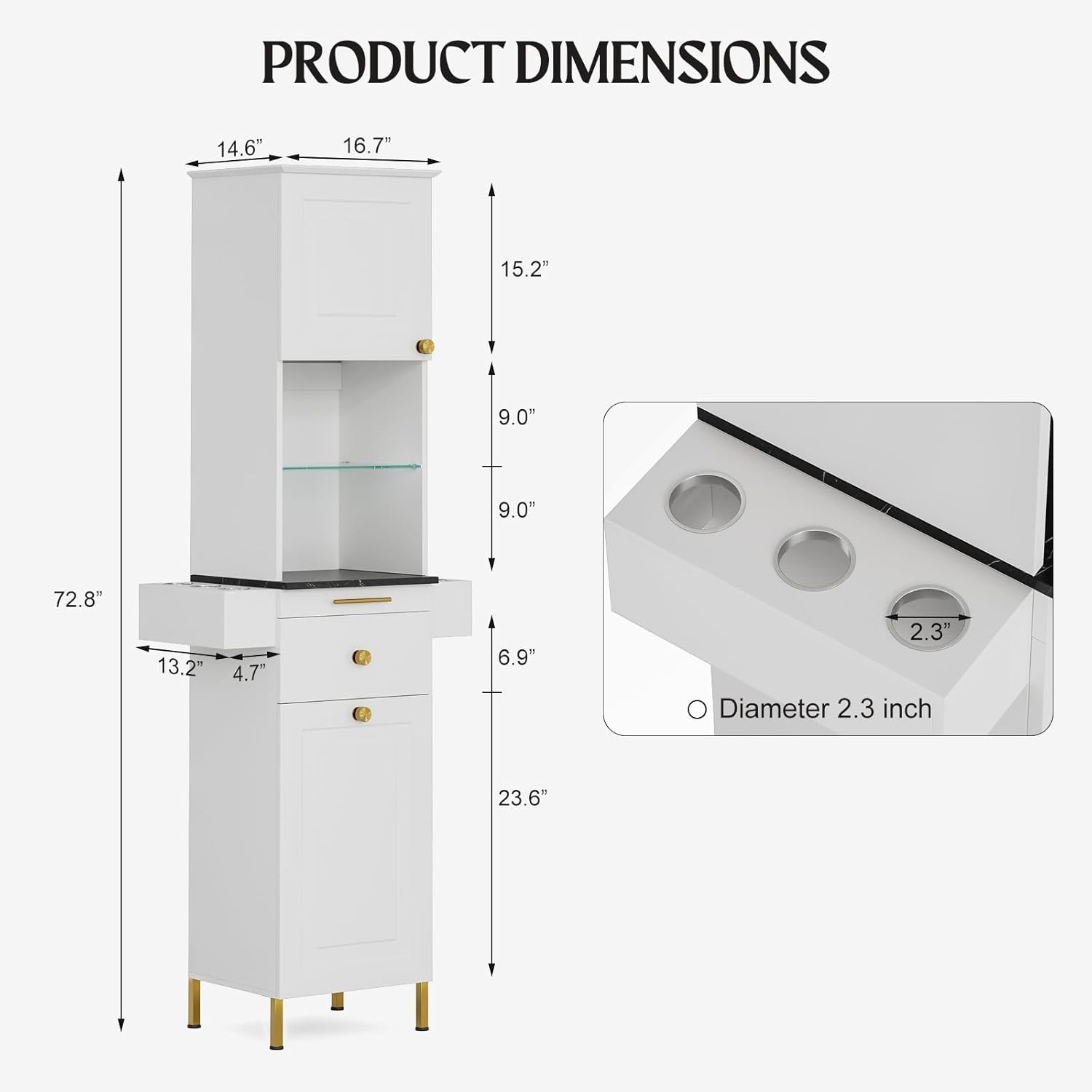 Salon Stations for Hair Stylist, Barber Station w/Glass Shelf & Golden Handles, Hair Salon Station Beauty Salon Spa Equipment w/6 Hair Dryer Holders, 2 Storage Cabinet & Drawers(White)