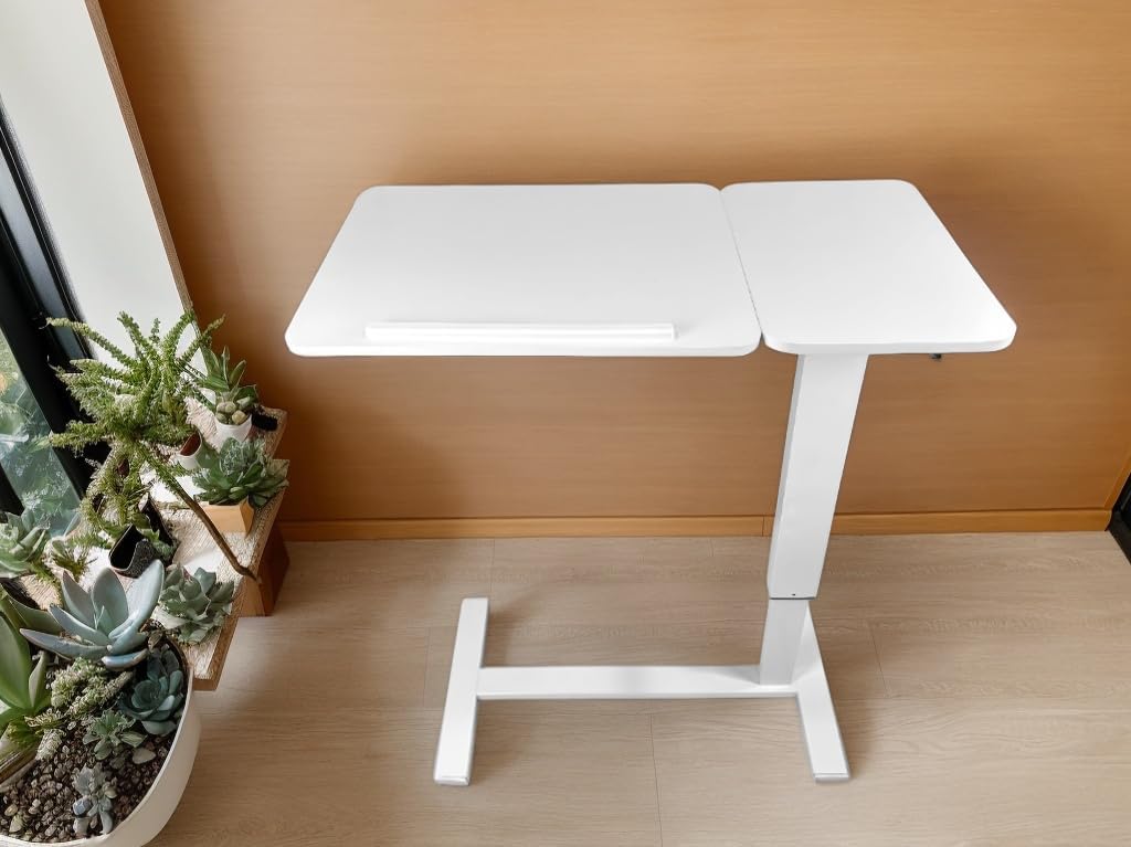 Overbed Desk with Wheels, Height Adjustable Rolling C Shaped Side Table with Tilting Top, Mobile Laptop Stand for Bed Couch Sofa, Bedside Table for Small Space Work from
