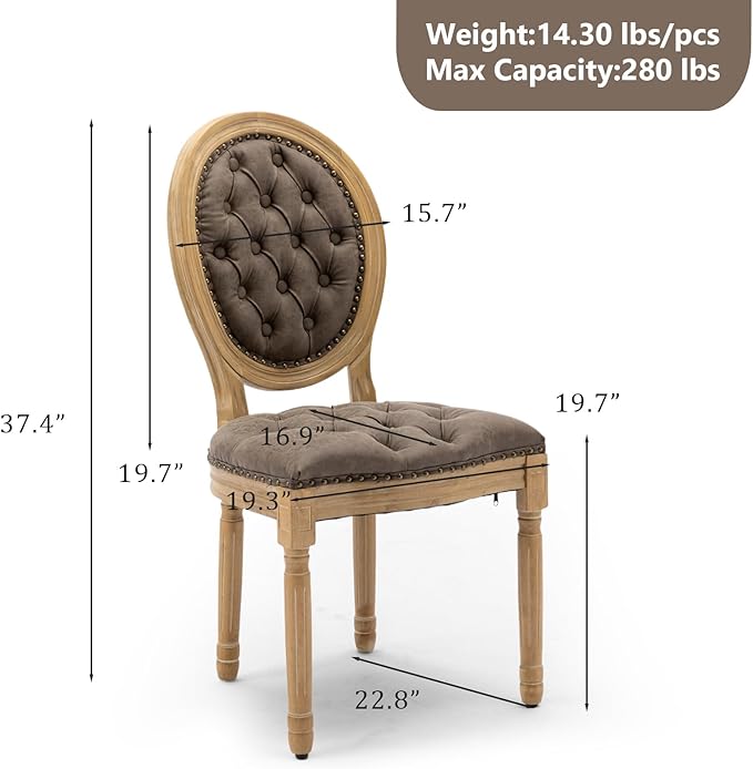 PU Leather Upholstered Dining Chairs Set of 2 French Country Round Back Kitchen Side Chairs with Nailhead Trim and Wood Legs for Dining Room, Kitchen, Restaurant(Brown)
