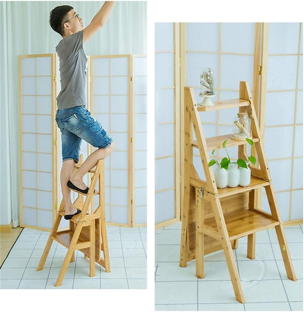 Wooden Folding Library Ladder Chair,2 in 1 Lightweight Portable Multifunctional Step Stool, 4-Step Stool Dual Purpose Stepladders, Display Stand and Flower Stand for Home
