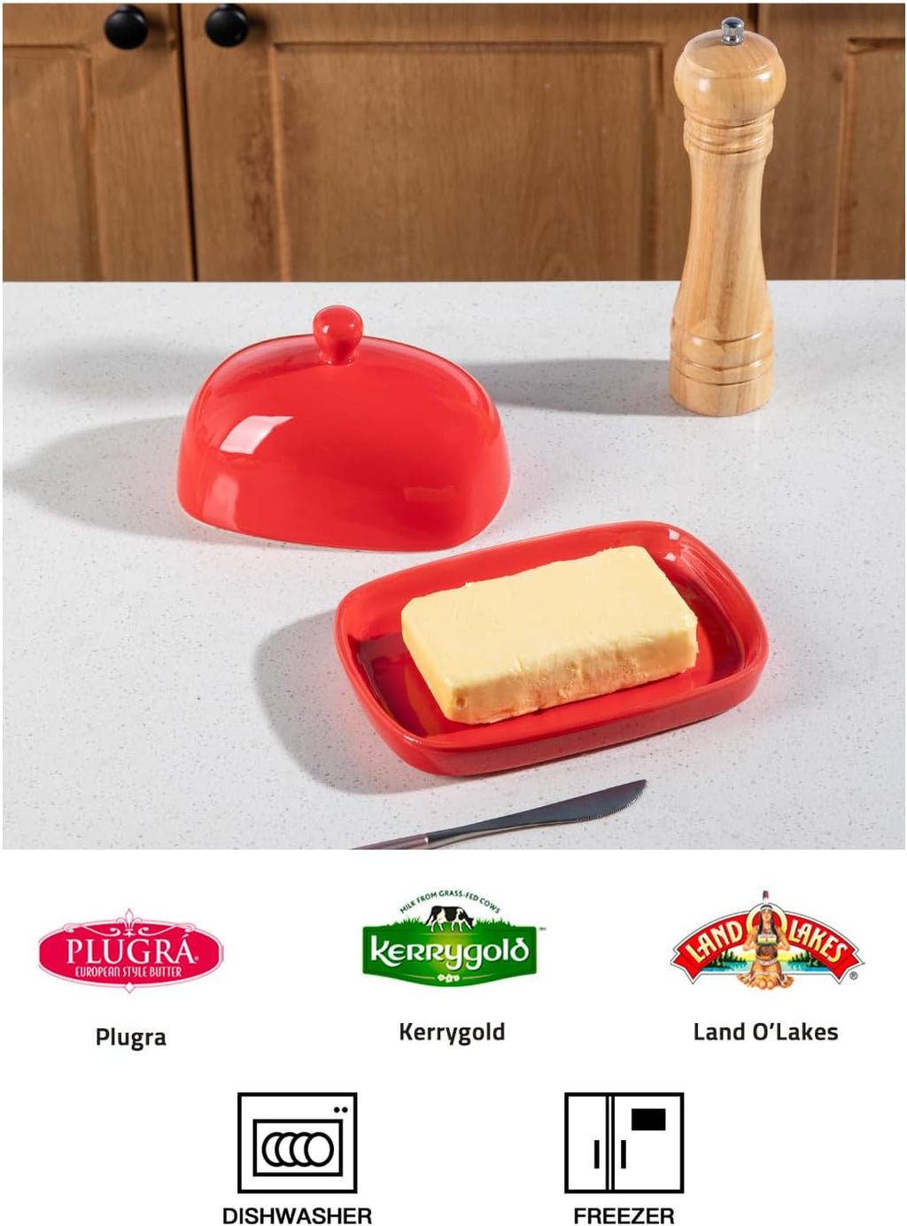 Sweejar Ceramic Butter Dish with Lid for Countertop,Porcelain Butter Keeper with Knob Handle,Butter Container for East/West Coast Butter, 7.3*4.1 inches (Red)