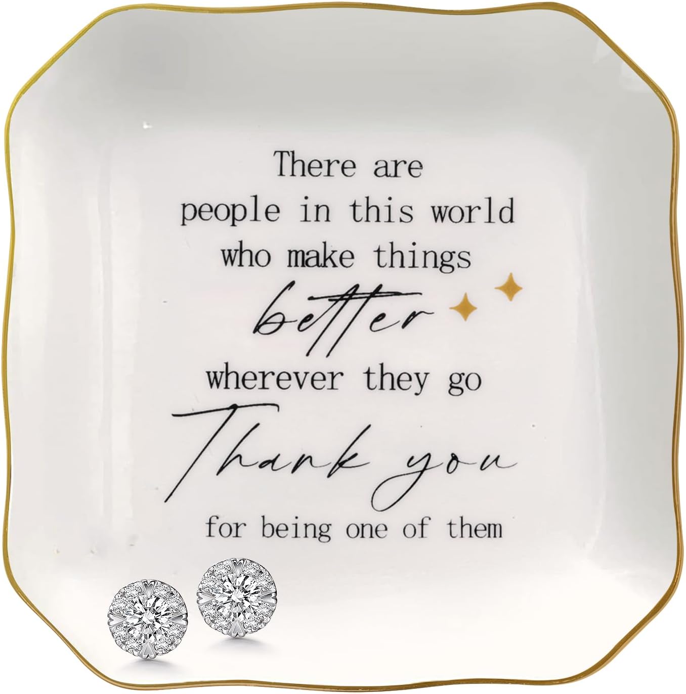 Thank You Gifts for Women - 4"x4" Ceramic Jewelry Dish Tray - Appreciation Inspirational Gifts for Women Employee Coworker Teacher Friends (White-Thank You)