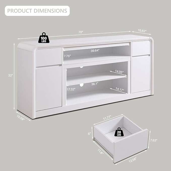 Modern TV Stand for 80 Inch TVs, 32"Tall Entertainment Center w/Storage Cabinet& drawers, Media Console Cabinet w/Soundbar & Adjustable Shelves for Living Room, Curved Profile Design, 70 inch (White)