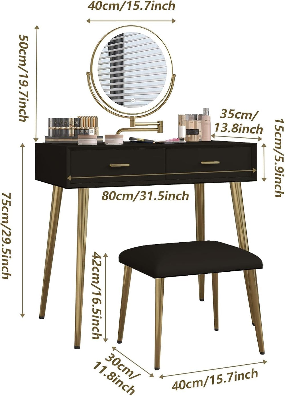 Vanity Desk Set with 360° Rotating Mirror and Lights, Small Makeup Vanity wit...