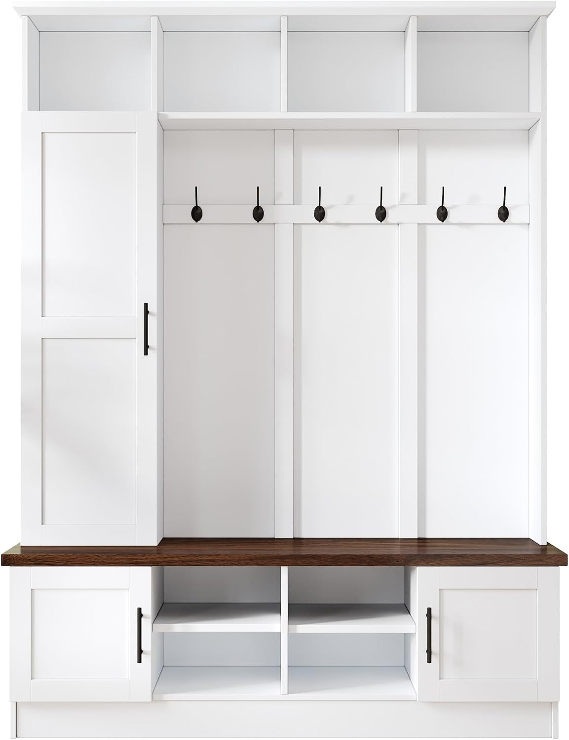 4-in-1 Hall Tree with Bench and Shoe Storage, Multi-functional Entryway Bench with Coat Rack, Storage Shelves, Shoe Cubbies, Adjustable Shelves, and 6 Hooks for Entryway, Hallway, White
