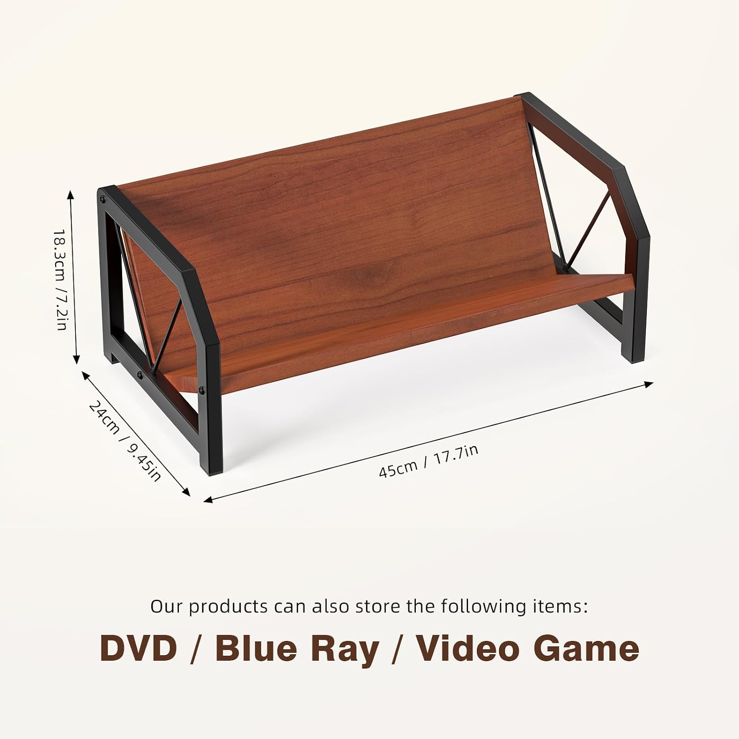 CD Holder Rack, Tilting DVD Storage Shelf for Tower Small Space | Store Up to 38 CDs and 30 DVDs, Desktop Bookshelf Organizer, Easy Acess, Sturdy Metal & Wood Construction, Portable Angle