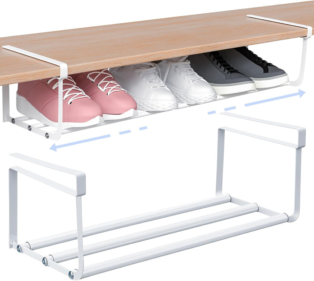 CroBlissful 2 Pcs Expandable Shoe Rack Organizer for Closet 16.5-31.5 Inch Adjustable Retractable Hanging Cabinet Shoe Shelf Dorm Room Storage for Space Saving (White)