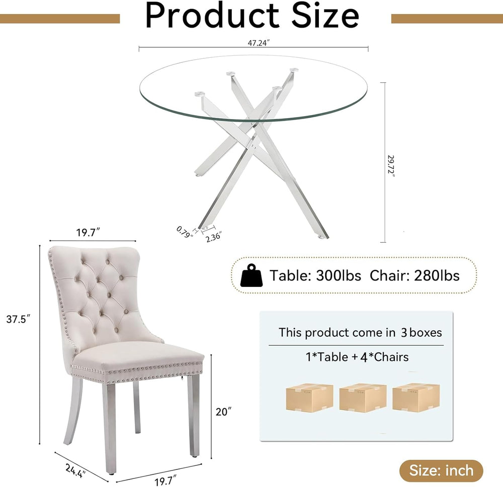 Henf 5 Piece Round Dining Table Set with 4 Chair, 47'' Round Glass Di...