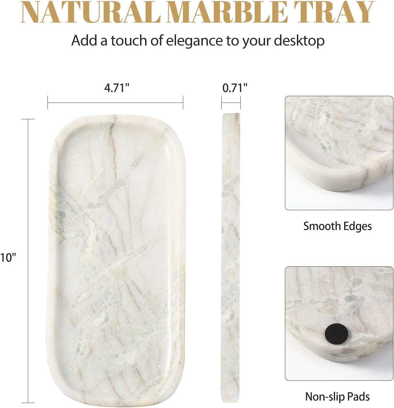 Koville Marble Tray, 10"x5" Marble Vanity Tray for Bathroom Countertop Kitchen Sink, Rectangular Stone Tray for Perfume Fragrance Jewelry Organizer, Decorative Catchall Tray(Bianco Palomino)