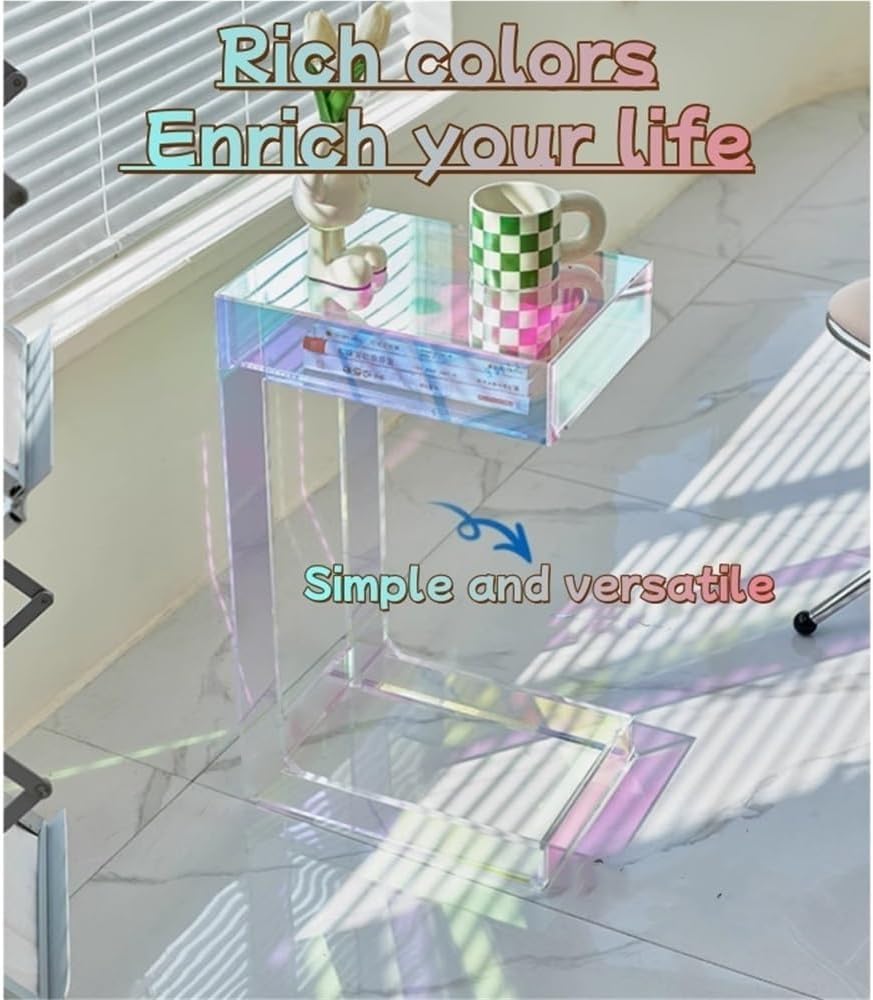 Acrylic Side Table with Integrated Base, Iridescent End Table, C-Shape Nights...