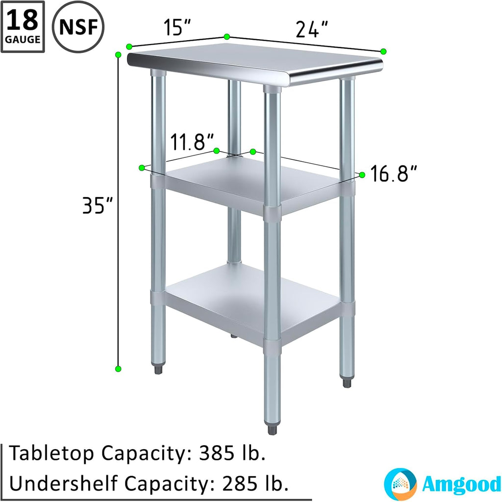 AmGood Stainless Steel Work Table with 2 Shelves | NSF | Metal Utility Table (15" Long x 24" Deep)