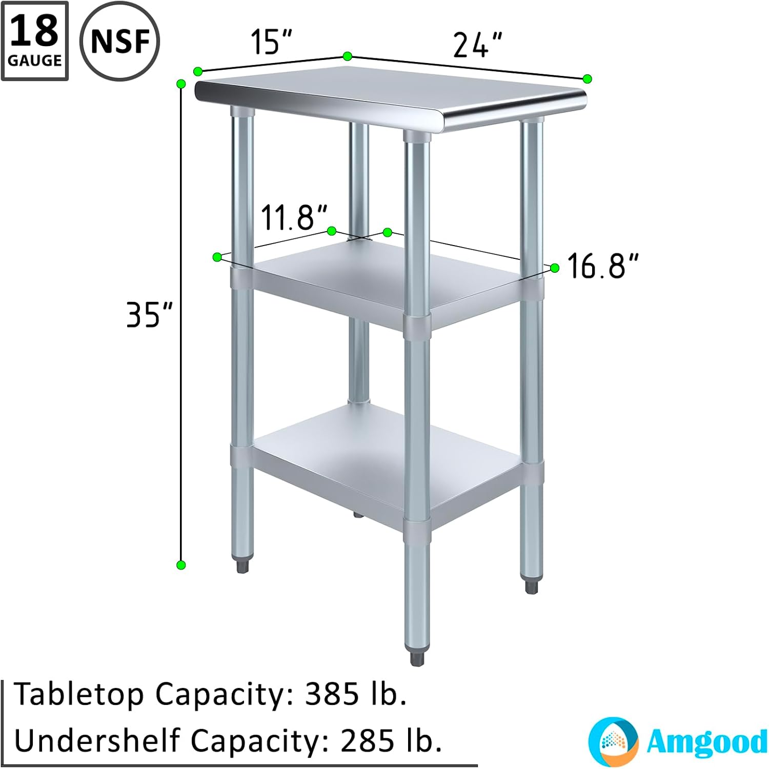AmGood Stainless Steel Work Table with 2 Shelves | NSF | Metal Utility Table (15" Long x 24" Deep)