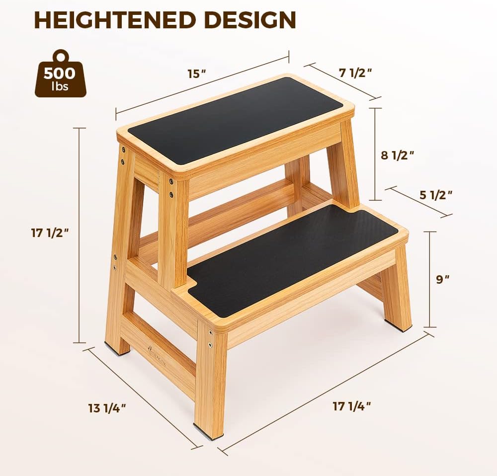 StrongTek Wood 2 Step Stool for Adults, 17.5 in, 500 lb, Non-Slip | Wide Non-...