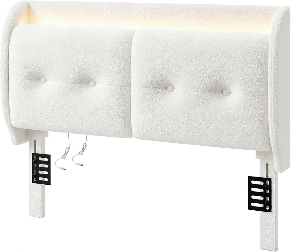 Pinmoco Queen LED Wingback Headboard with Storage & Charging, White