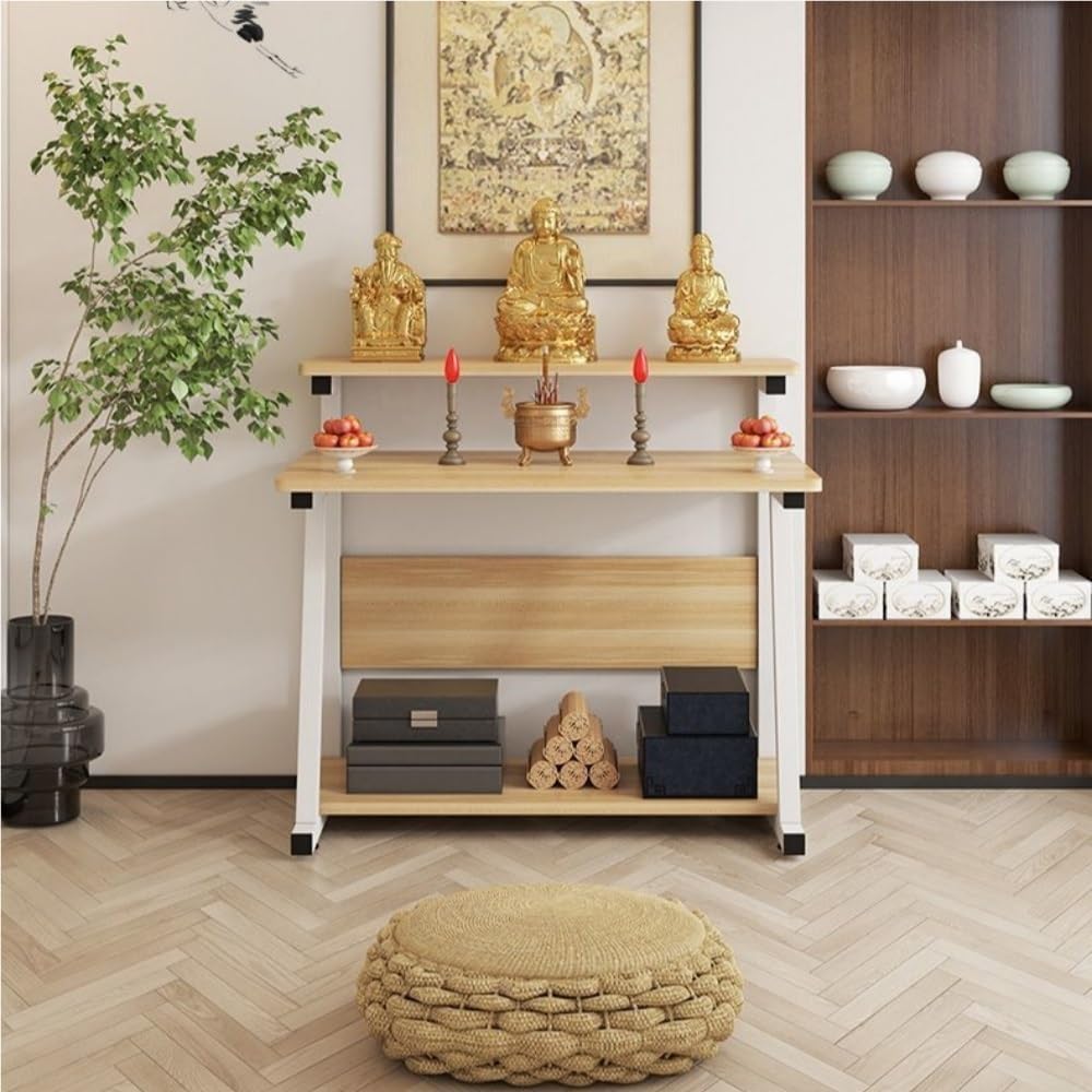 Altar Table with Dual-Tier Design, Compact Home Prayer Table with Storage She...