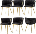 Velvet Dining Chairs Set of 6, Modern Upholstered Woven Dining Chairs with Gold Metal Legs, Modern Accent Chairs for Dining Room, Vanity, Kitchen, Living Room(Black)
