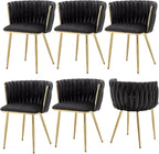 Velvet Dining Chairs Set of 6, Modern Upholstered Woven Dining Chairs with Gold Metal Legs, Modern Accent Chairs for Dining Room, Vanity, Kitchen, Living Room(Black)