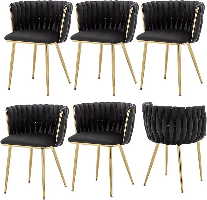 Velvet Dining Chairs Set of 6, Modern Upholstered Woven Dining Chairs with Gold Metal Legs, Modern Accent Chairs for Dining Room, Vanity, Kitchen, Living Room(Black)