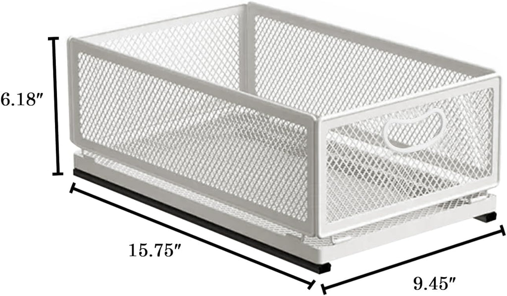 Sliding Cabinet Basket Organizer Drawer Self Adhesive Slide out Pantry Shelves Heavy Duty Carbon Steel Slide Cabinet Storage Basket with Handle for Bathroom Kitchen Home