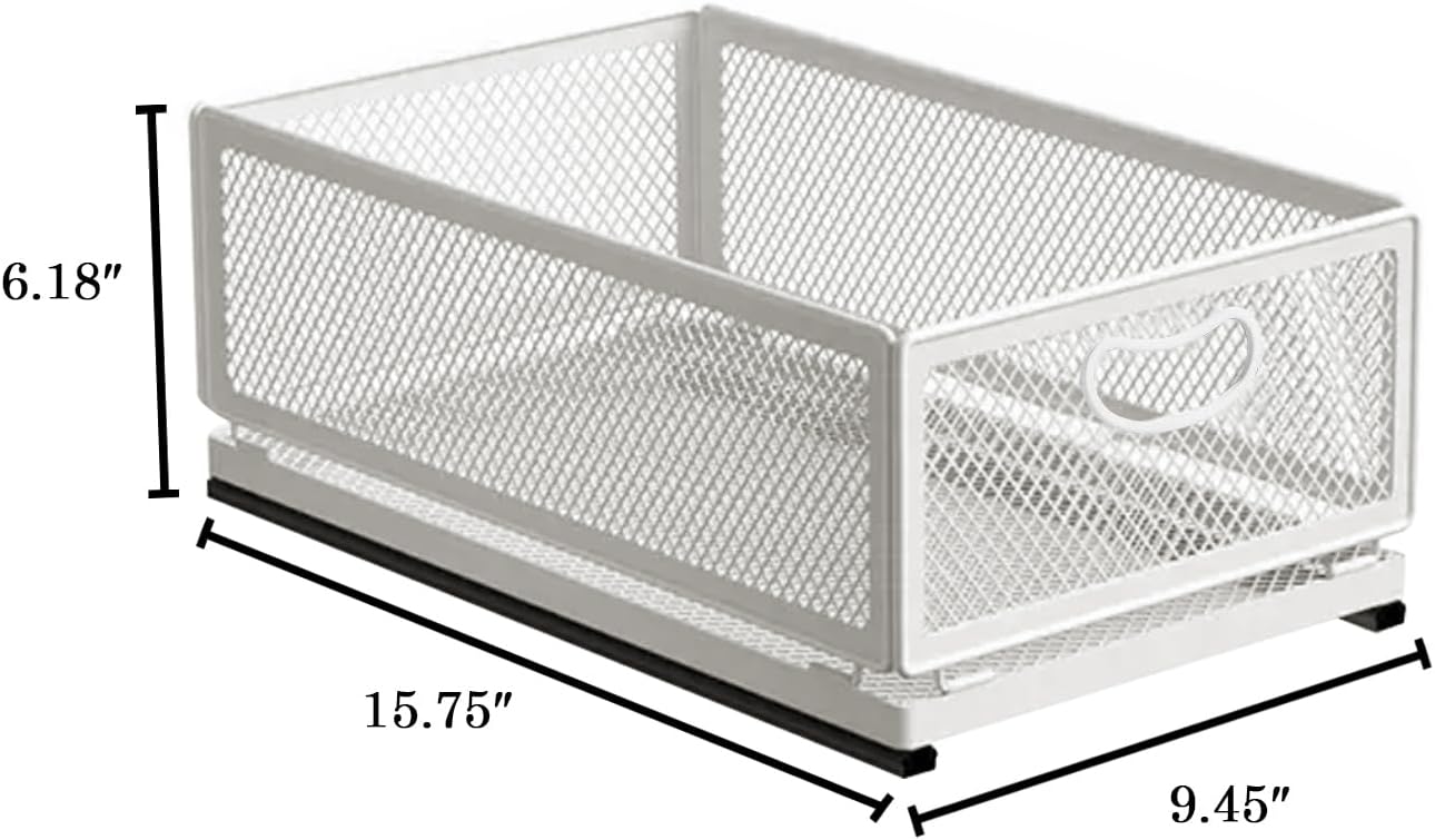 Sliding Cabinet Basket Organizer Drawer Self Adhesive Slide out Pantry Shelves Heavy Duty Carbon Steel Slide Cabinet Storage Basket with Handle for Bathroom Kitchen Home