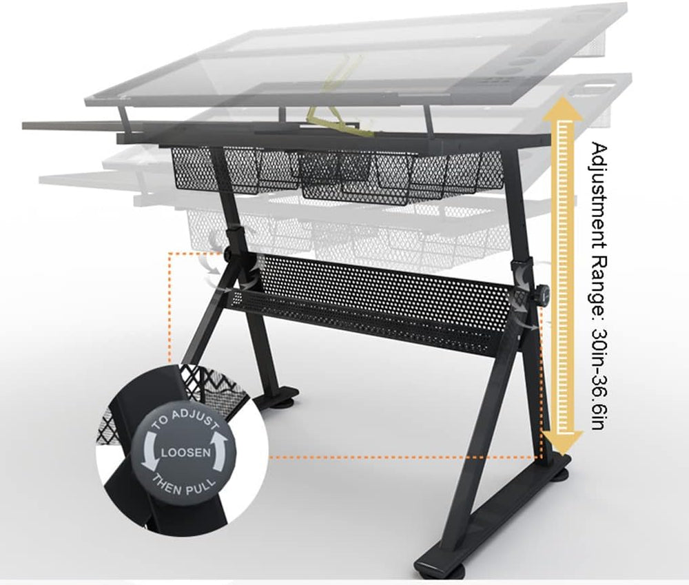 Height Adjustable Professional Drawing Desk, Glass Tabletop,Tiltable Craft Ta...