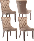 Upholstered Dining Chairs Set of 4, Velvet Dining Room Chairs with Back Ring Pull Trim and Solid Wood Legs, Tufted Wingback Kitchen Chair Perfect for Dining Room,Living Room,Kitchen(Khaki)