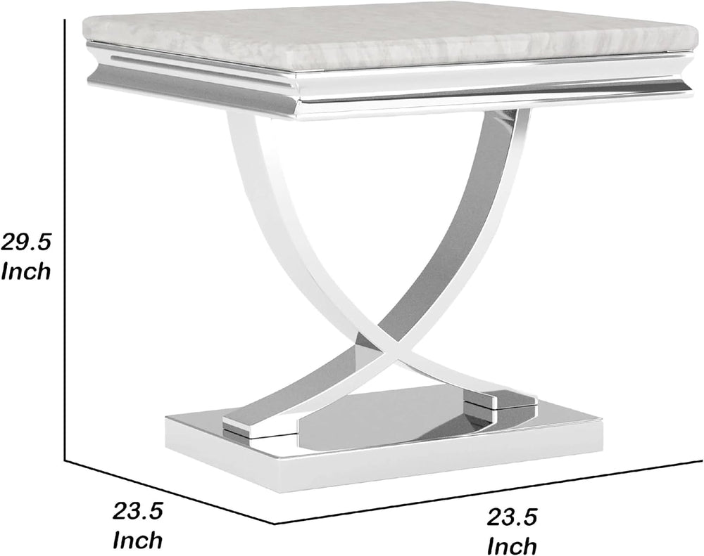 Benzara Wety Side End Table, 24 Inch Faux Marble Top, Curved Chrome Pedestal