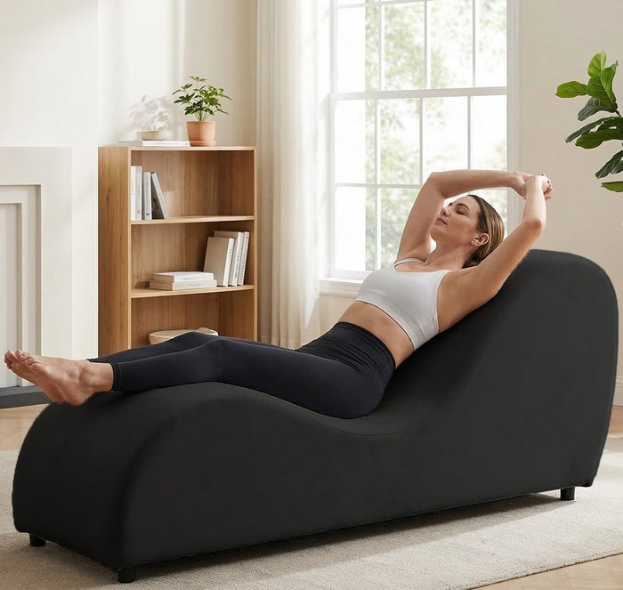 BALUS Yoga Sofa Chaise Lounge Chair for Adults Stretching Exercising, 60" Ergonomic Curved S-Shape Wooden Lounges Chairs Indoor with Velvet Cover for Living Room Apartment Home Office Relaxing, Black