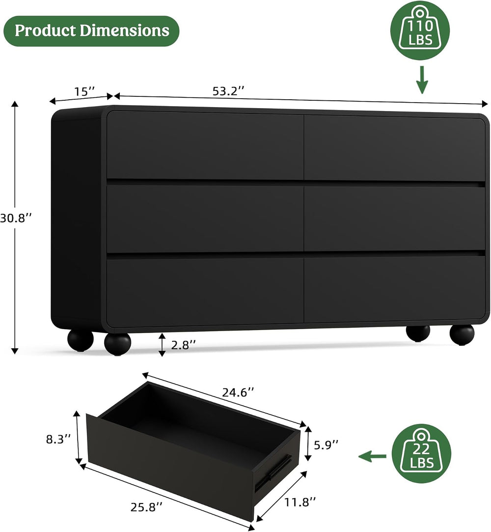 Lulive 6 Drawer Dresser for Bedroom, 55" Wide Chest of Drawers, Black