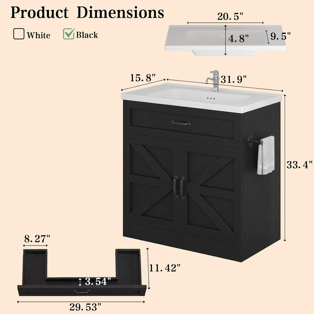 31 Inch Bathroom Vanity with Sink, Drawer and Barn Doors Cabinet, Black | Far...