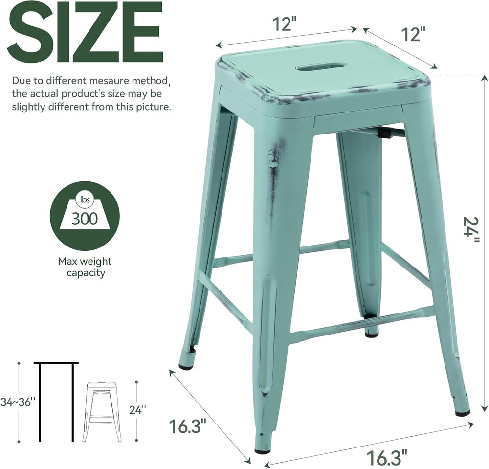 24 Inch Metal Bar Stools Set of 2, Stackable for Indoor Outdoor, Mint Green