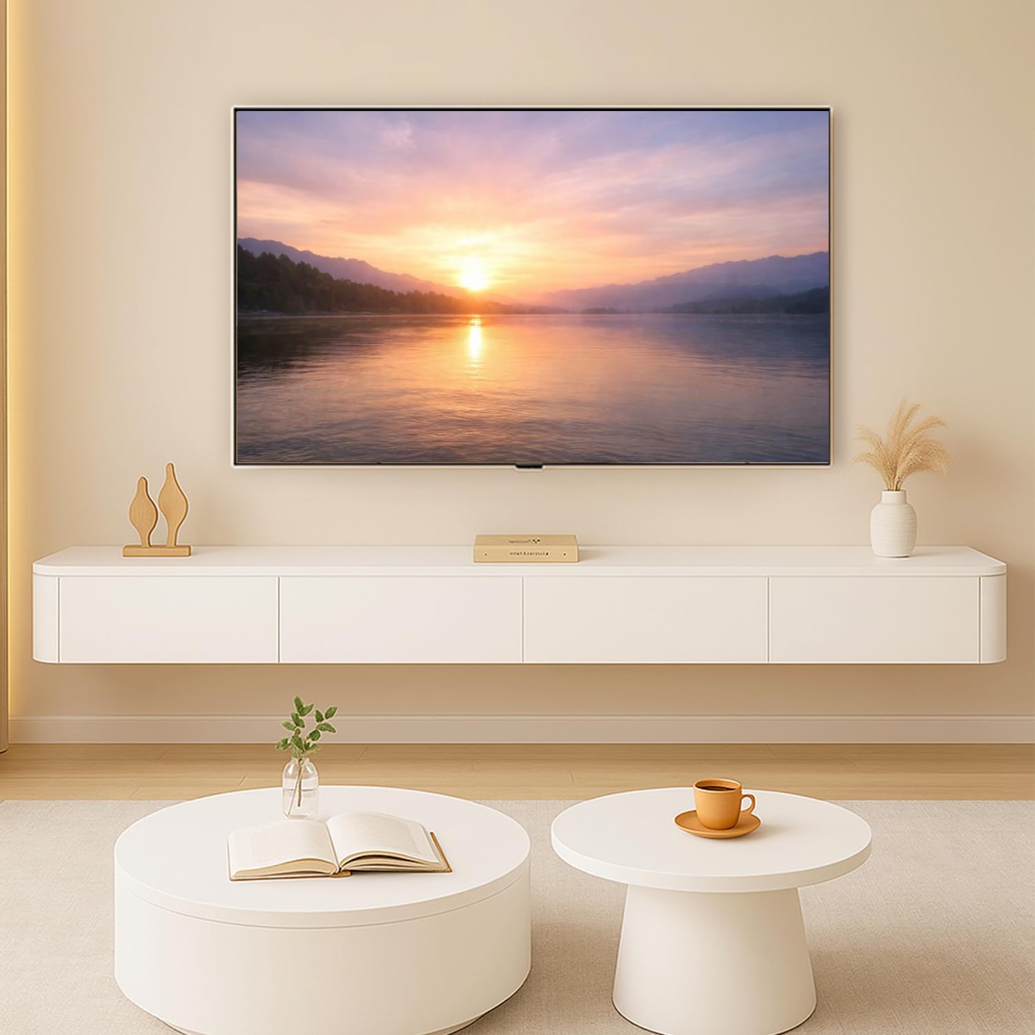 Ribaned Modern Floating TV Stand | Wall-Mounted Entertainment Media Console | Large Storage TV Bench for Living Room & Office (White, 62.9'')