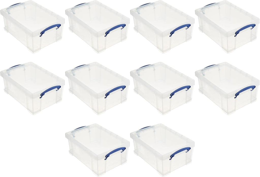 Really Useful Box Stackable 9 Liter Plastic Storage Container Bin with Snap Lid & Built-In Clip Lock Handles for Home & Office Organization (10 Pack)