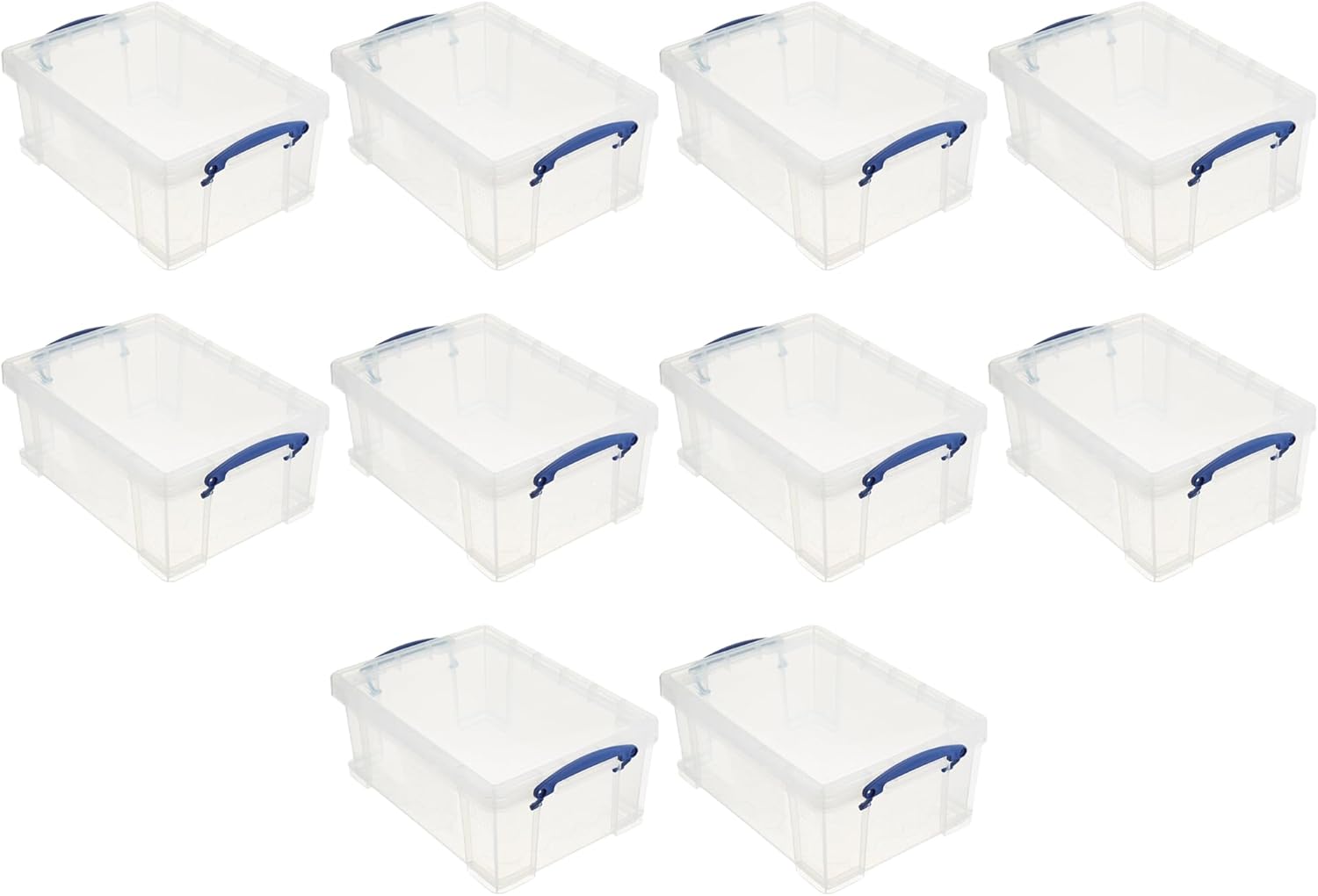 Really Useful Box Stackable 9 Liter Plastic Storage Container Bin with Snap Lid & Built-In Clip Lock Handles for Home & Office Organization (10 Pack)