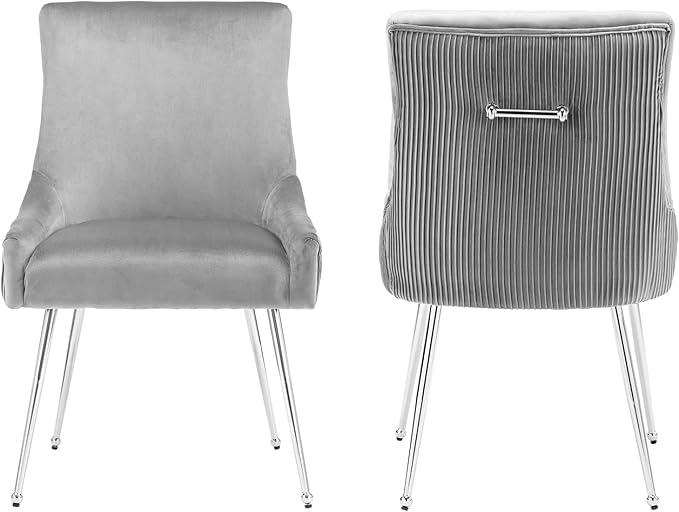 Modern Dining Chairs Set of 2 with Silver Metal Legs, Velvet Upholstered Kitchen Chair Pleated Back, Mid Century Accent Chair for Vanity, Living Room, Grey