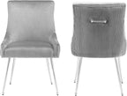Modern Dining Chairs Set of 2 with Silver Metal Legs, Velvet Upholstered Kitchen Chair Pleated Back, Mid Century Accent Chair for Vanity, Living Room, Grey