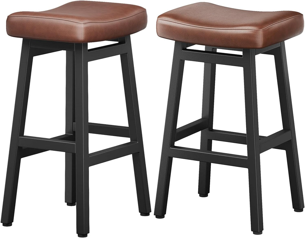 Raynesys 29 Inche Bonded Leather Counter Height Bar Stools Set of 2 Curved | Barstools with Curved Bonded Leather Seats & Heavy Duty Metal Legs for Kitchen Counter, Easy Assembly, Brown/Black