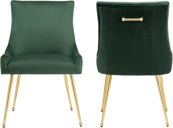 Velvet Dining Chairs Set of 2, Modern Upholstered Kitchen Chair with Pull Handle & Pleated Back, Mid Century Accent Chair with Gold Metal Legs for Vanity,Dining,Kitchen,Living Room, Green