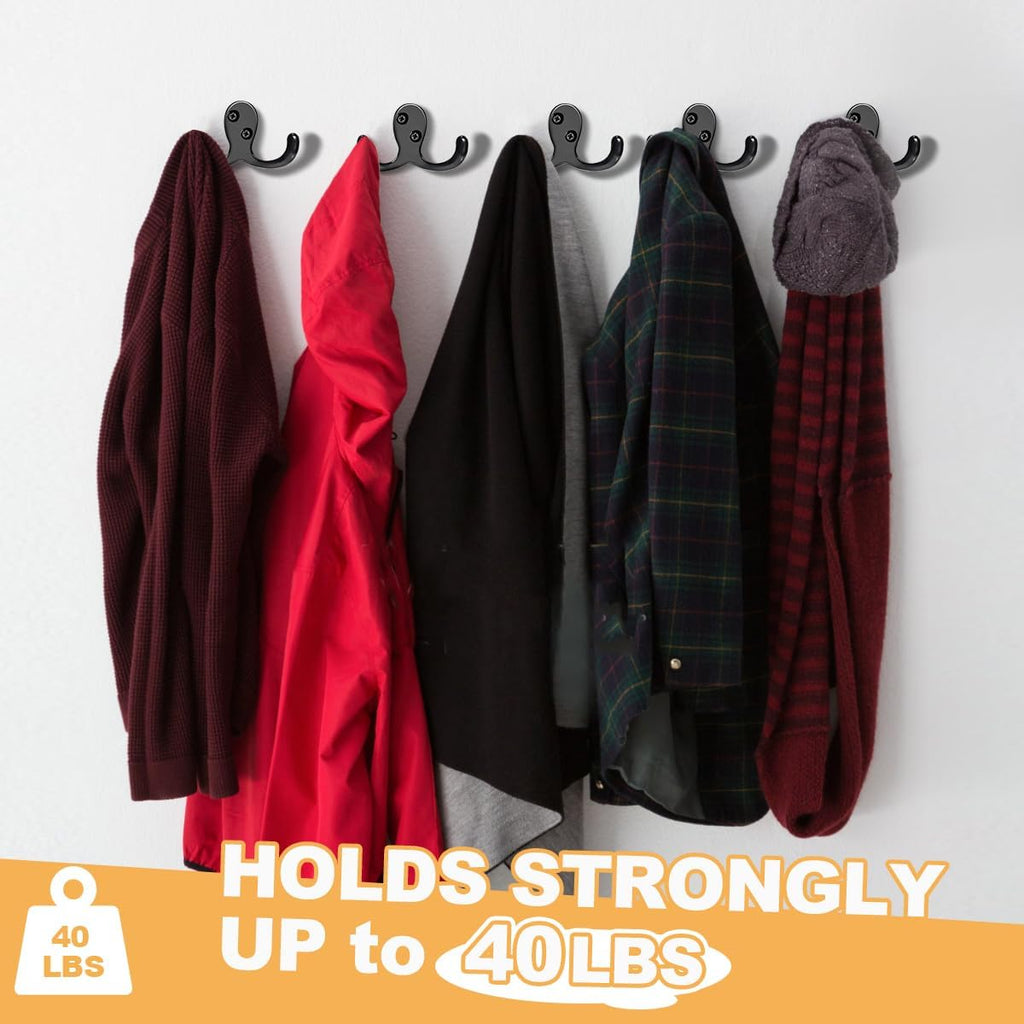 20 Pack Coat Hooks Wall Hooks for Hanging, Heavy Duty Double Prong Metal Hook Wall Mounted for Living Room, Bathroom, Kitchen, Bedroom for Coat, Bag, Scarf, Towel, Hat, Key, Cup (Black)