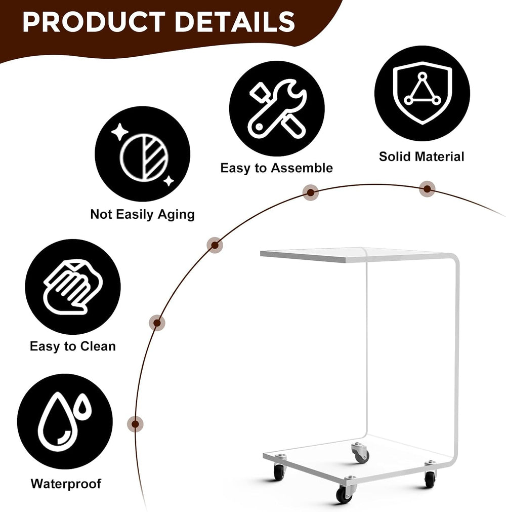 Mobile Clear Acrylic C Table with Wheels, 13.8" L x 13" W x 22&quot...