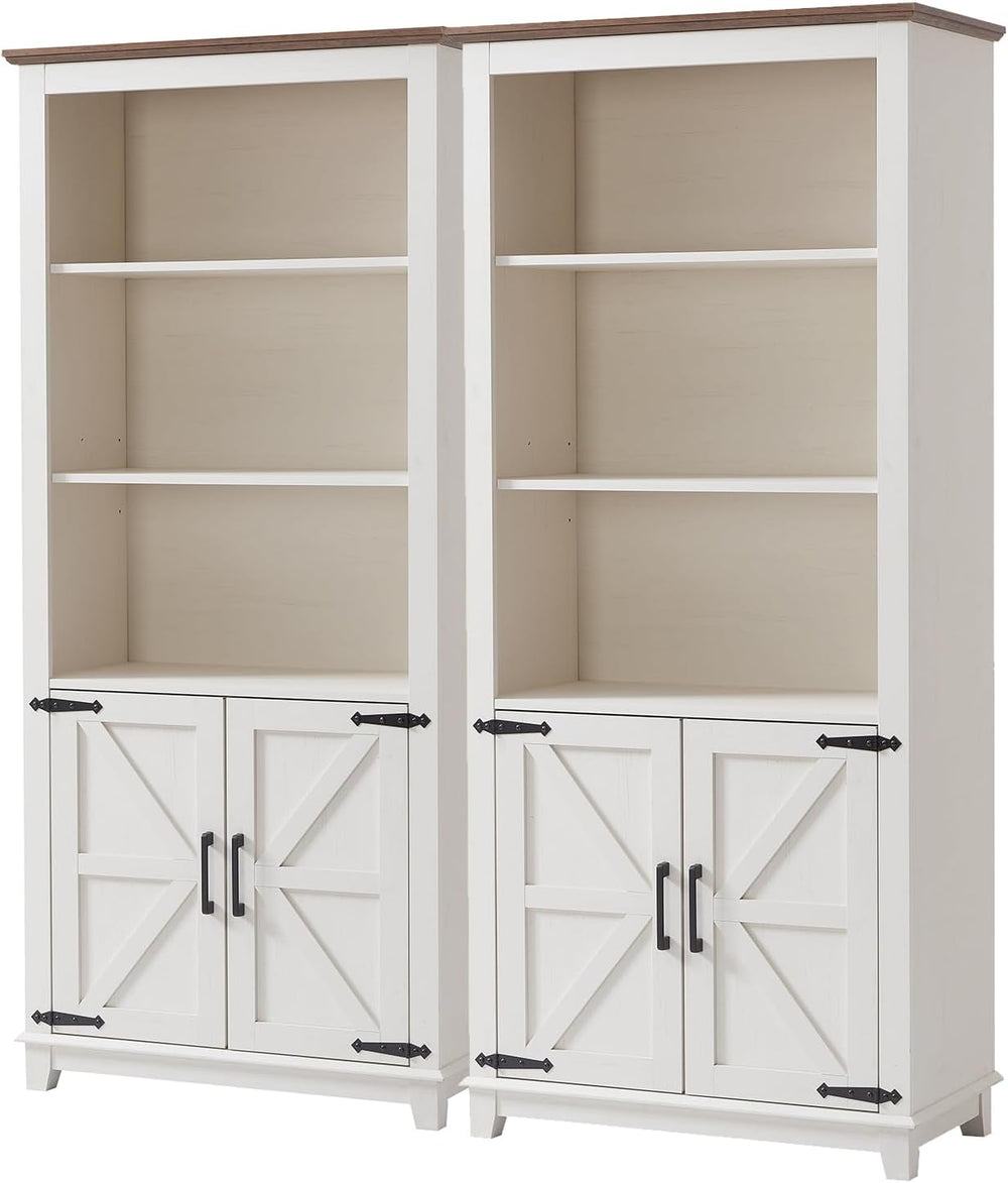 AMERLIFE 2-Piece 5-Tier Farmhouse Bookcase with Barn Doors, Rustic White