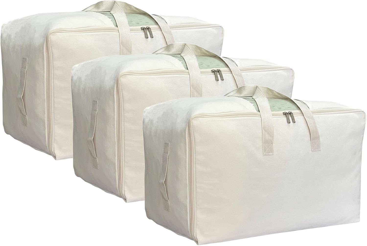 Soft Large Canvas Comforter Storage Bags with Four Carrying Handles and Clear Window, Closet Organizer for Clothing, Blankets Sheets Pillows and Bedding, 80L, 3 Pack, Beige