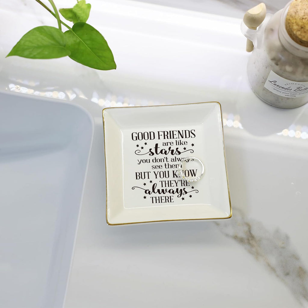 HOME SMILE Good Friends Bestie Birthday Gifts for Women Her Ring Trinket Dish Jewelry Tray-Good Friends are Like Stars - You Don't Always See Them But You Know They're Always There, Friendship Gifts