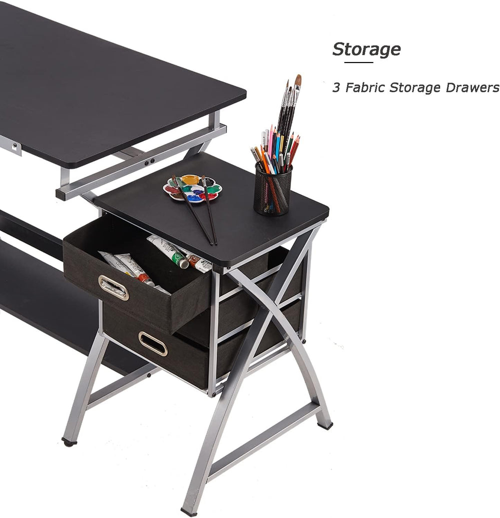 Adjustable Drafting Table for Artists with Stool, Sturdy X-Cross Metal Frame ...