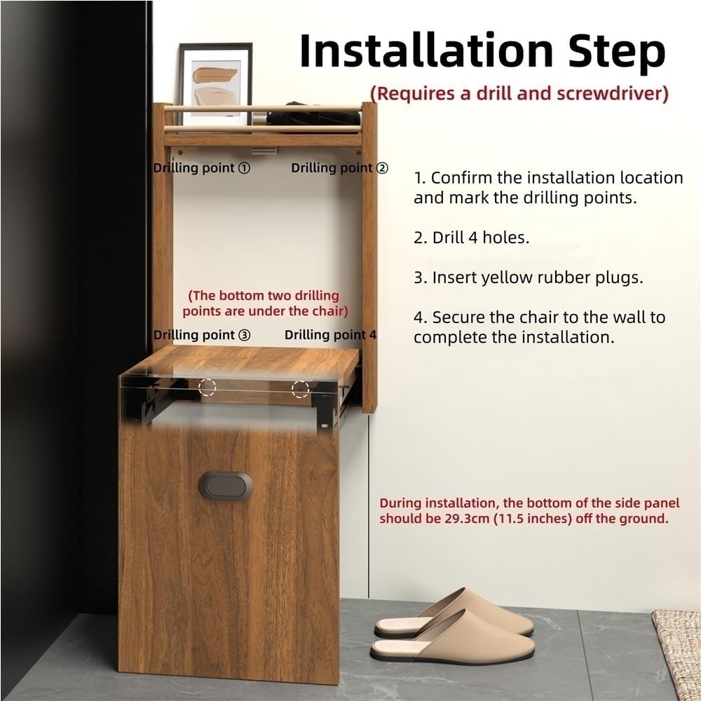 Wall Mounted Folding Chair, Hidden Shoe-Changing Stool, Wood Foldable Shoe Bench, Space Saving Bathroom Seating for Entryway, Hallway(Brown)